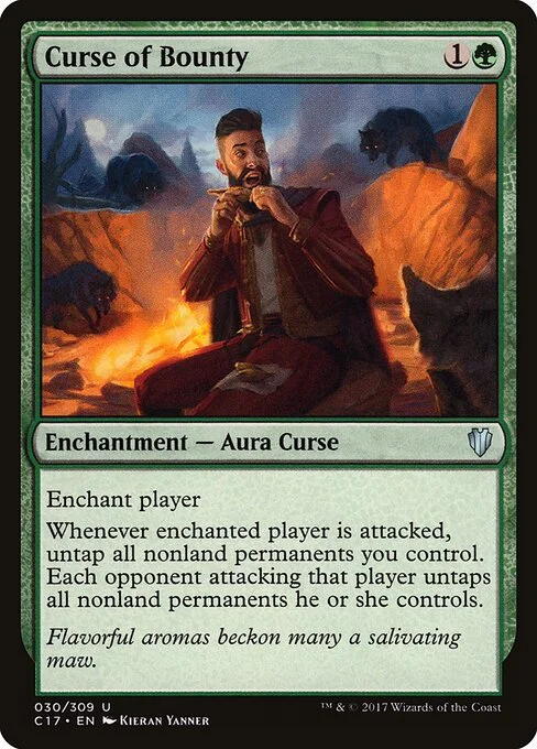 Curse of Bounty, carta Magic di tipo Enchantment — Aura Curse illustrata da Kieran Yanner