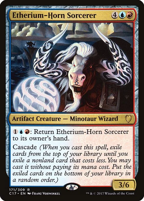 Etherium-Horn Sorcerer, carta Magic di tipo Artifact Creature — Minotaur Wizard Sorcerer illustrata da Franz Vohwinkel