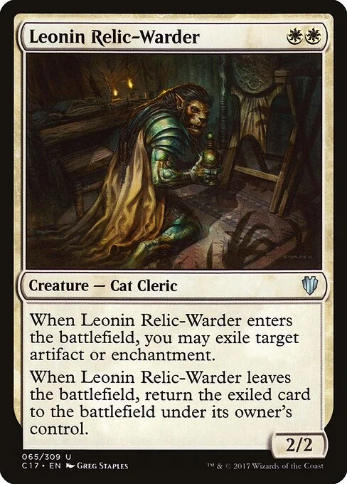 Leonin Relic-Warder, carta Magic di tipo Creature — Cat Cleric illustrata da Greg Staples