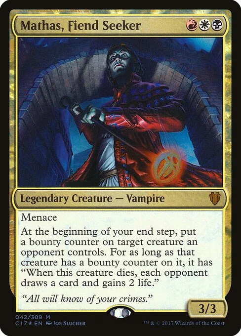 Mathas, Fiend Seeker, carta Magic di tipo Legendary Creature — Vampire illustrata da Joe Slucher