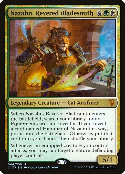 Nazahn, Revered Bladesmith, carta Magic di tipo Legendary Creature — Cat Artificer illustrata da Victor Adame Minguez