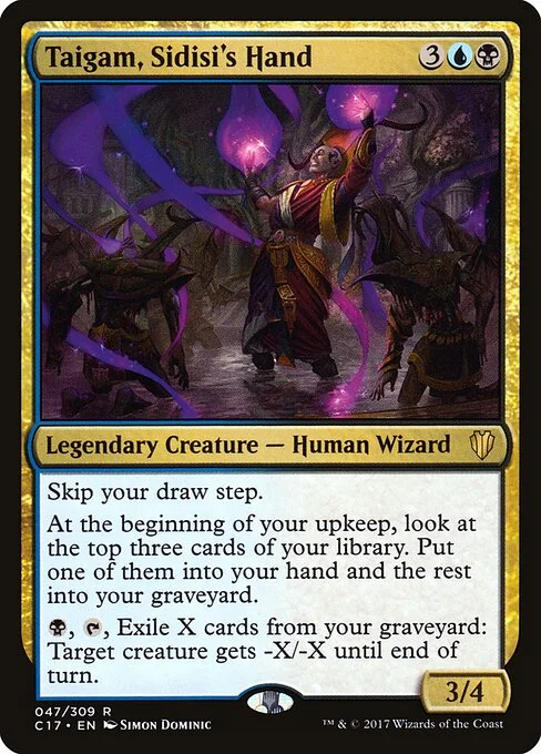 Taigam, Sidisi's Hand, carta Magic di tipo Legendary Creature — Human Wizard illustrata da Simon Dominic