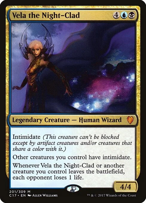 Vela the Night-Clad, carta Magic di tipo Legendary Creature — Human Wizard illustrata da Allen Williams
