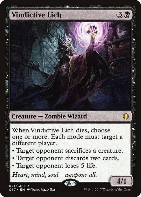 Vindictive Lich, carta Magic di tipo Creature — Zombie Wizard illustrata da Toma Feizo Gas
