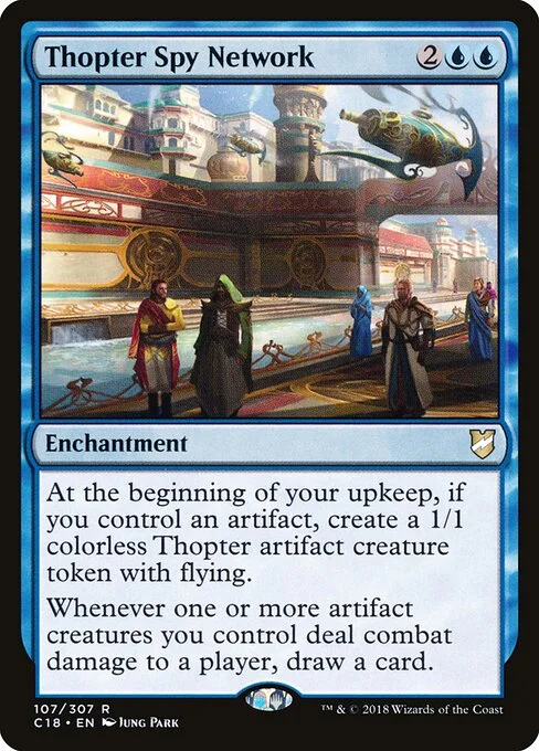 Thopter Spy Network, carta Magic di tipo Enchantment illustrata da Jung Park