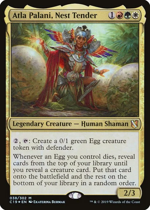 Atla Palani, Nest Tender, carta Magic di tipo Legendary Creature — Human Shaman illustrata da Ekaterina Burmak