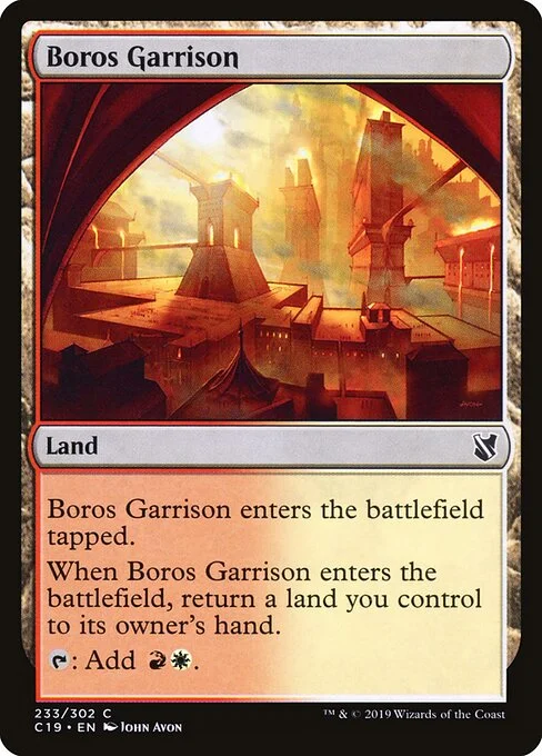 Boros Garrison, carta Magic di tipo Land illustrata da John Avon