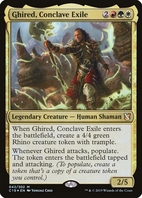 Ghired, Conclave Exile, carta Magic di tipo Legendary Creature — Human Shaman illustrata da Yongjae Choi