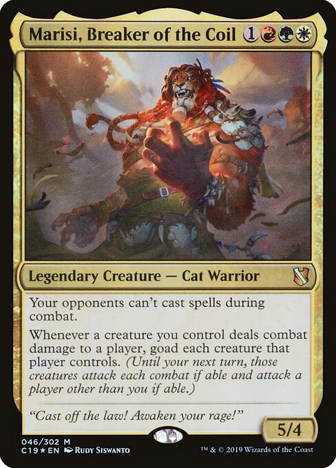 Marisi, Breaker of the Coil, carta Magic di tipo Legendary Creature — Cat Warrior illustrata da Rudy Siswanto