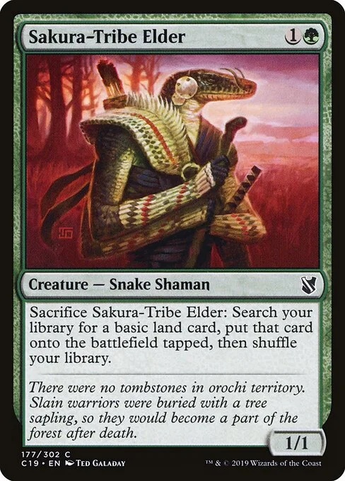 Sakura-Tribe Elder, carta Magic di tipo Creature — Snake Shaman illustrata da Ted Galaday
