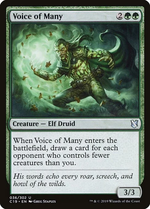 Voice of Many, carta Magic di tipo Creature — Elf Druid illustrata da Greg Staples