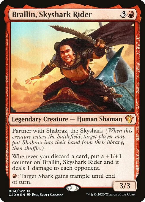 Brallin, Skyshark Rider, carta Magic di tipo Legendary Creature — Human Shaman illustrata da Paul Scott Canavan