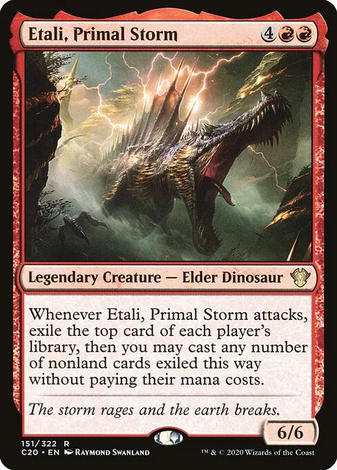Etali, Primal Storm, carta Magic di tipo Legendary Creature — Elder Dinosaur illustrata da Raymond Swanland