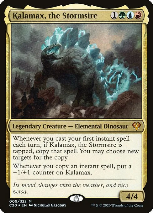 Kalamax, the Stormsire, carta Magic di tipo Legendary Creature — Elemental Dinosaur illustrata da Nicholas Gregory