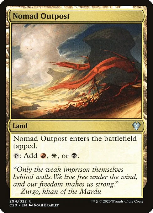 Nomad Outpost, carta Magic di tipo Land illustrata da Noah Bradley