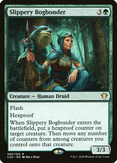 Slippery Bogbonder, carta Magic di tipo Creature — Human Druid illustrata da Mila Pesic