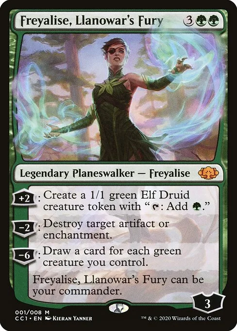 Freyalise, Llanowar's Fury, carta Magic di tipo Legendary Planeswalker — Freyalise illustrata da Kieran Yanner