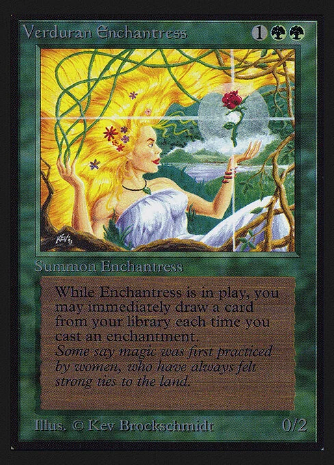 Verduran Enchantress, carta Magic di tipo Creature — Human Druid illustrata da Kev Brockschmidt