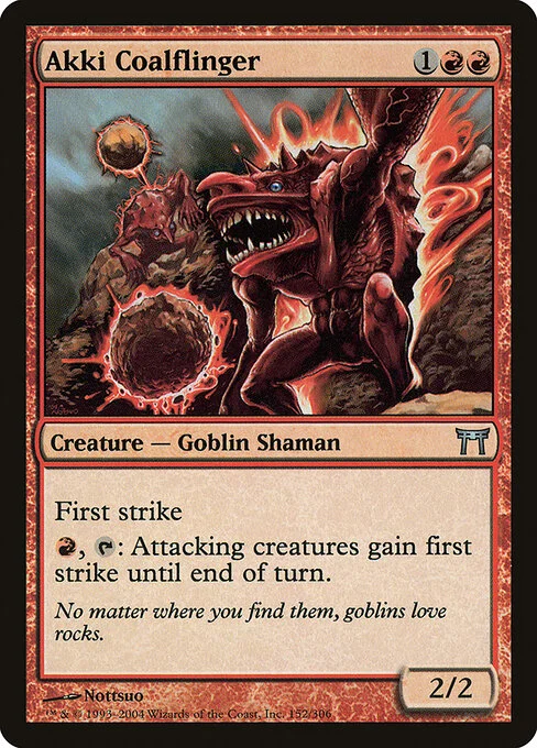 Akki Coalflinger, carta Magic di tipo Creature — Goblin Shaman illustrata da Nottsuo