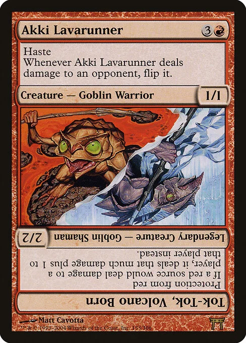 Akki Lavarunner // Tok-Tok, Volcano Born, carta Magic di tipo Creature — Goblin Warrior // Legendary Creature — Goblin Shaman illustrata da Matt Cavotta