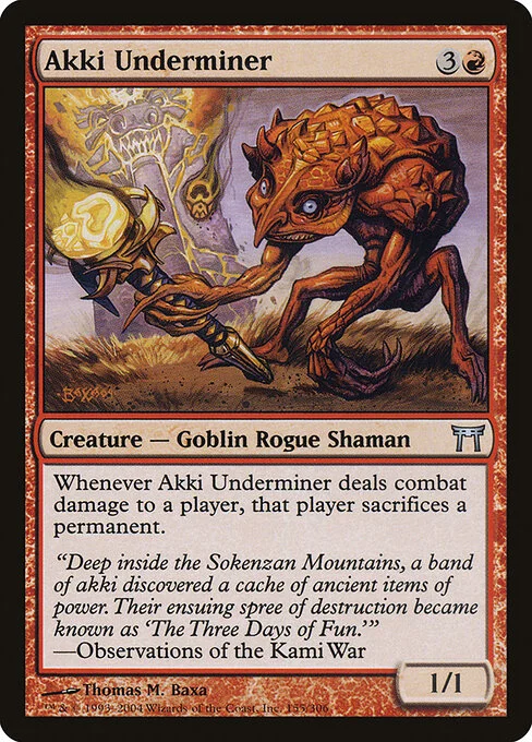 Akki Underminer, carta Magic di tipo Creature — Goblin Rogue Shaman illustrata da Thomas M. Baxa