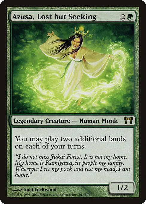 Azusa, Lost but Seeking, carta Magic di tipo Legendary Creature — Human Monk illustrata da Todd Lockwood