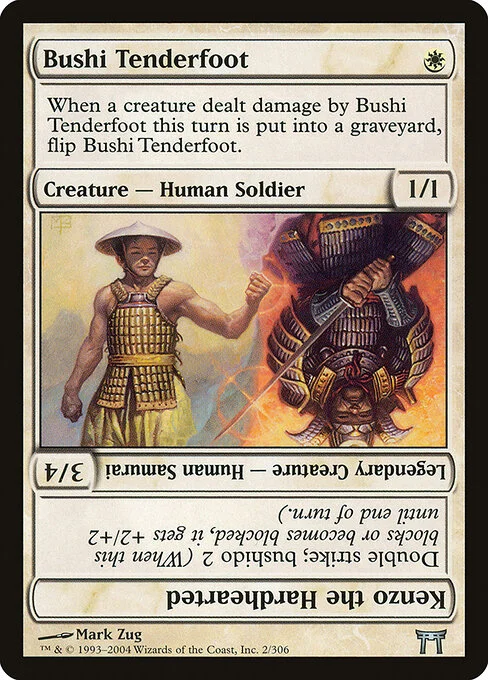 Bushi Tenderfoot // Kenzo the Hardhearted, carta Magic di tipo Creature — Human Soldier // Legendary Creature — Human Samurai illustrata da Mark Zug