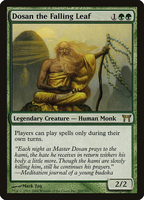 Dosan the Falling Leaf, carta Magic di tipo Legendary Creature — Human Monk illustrata da Mark Zug