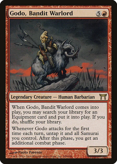 Godo, Bandit Warlord, carta Magic di tipo Legendary Creature — Human Barbarian illustrata da Paolo Parente