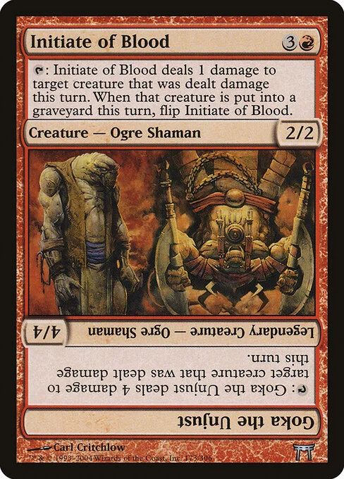 Initiate of Blood // Goka the Unjust, carta Magic di tipo Creature — Ogre Shaman // Legendary Creature — Ogre Shaman illustrata da Carl Critchlow