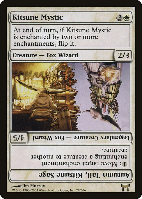 Kitsune Mystic // Autumn-Tail, Kitsune Sage, carta Magic di tipo Creature — Fox Wizard // Legendary Creature — Fox Wizard illustrata da Jim Murray