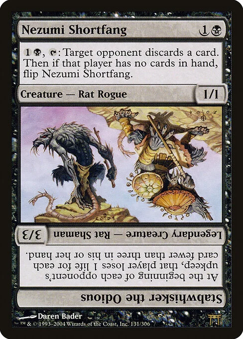 Nezumi Shortfang // Stabwhisker the Odious, carta Magic di tipo Creature — Rat Rogue // Legendary Creature — Rat Shaman illustrata da Daren Bader