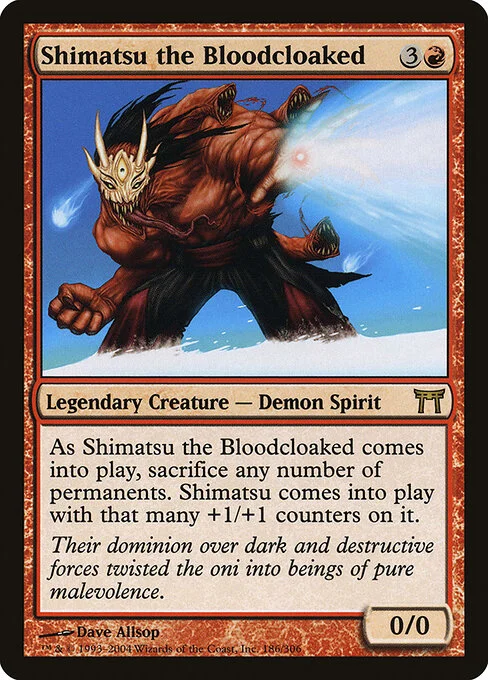 Shimatsu the Bloodcloaked, carta Magic di tipo Legendary Creature — Demon Spirit illustrata da Dave Allsop