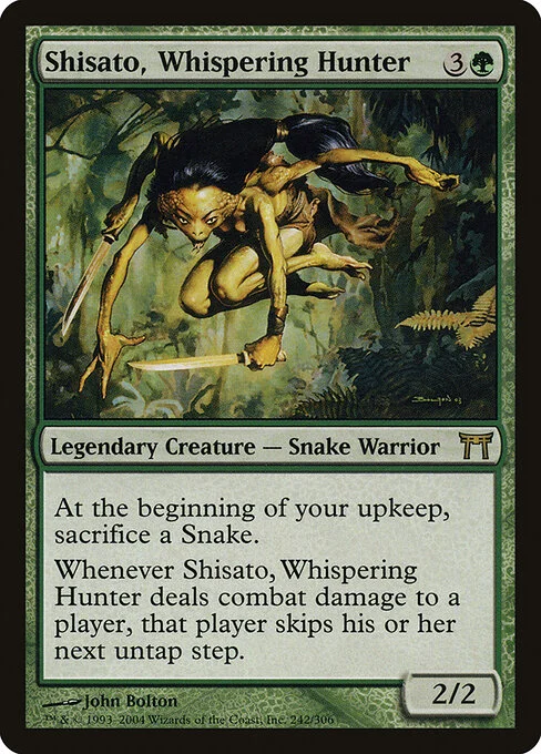 Shisato, Whispering Hunter, carta Magic di tipo Legendary Creature — Snake Warrior illustrata da John Bolton