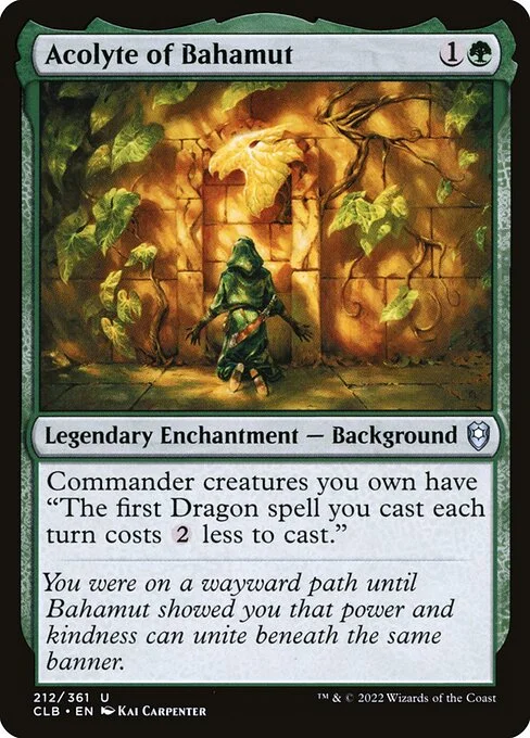 Acolyte of Bahamut, carta Magic di tipo Legendary Enchantment — Background illustrata da Kai Carpenter