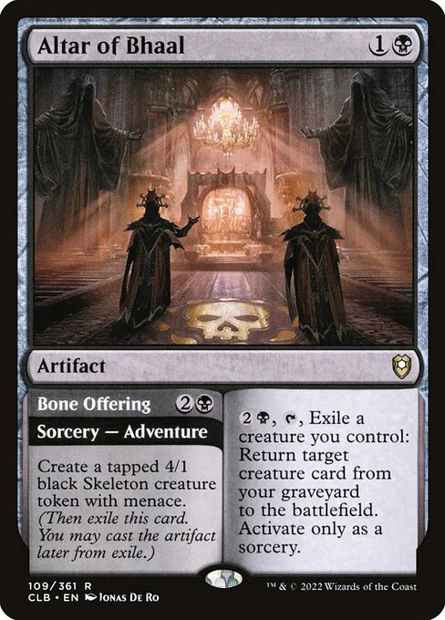 Altar of Bhaal // Bone Offering, carta Magic di tipo Artifact // Sorcery — Adventure illustrata da Jonas De Ro