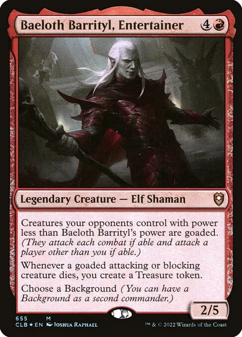 Baeloth Barrityl, Entertainer, carta Magic di tipo Legendary Creature — Elf Shaman illustrata da Joshua Raphael