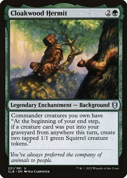 Cloakwood Hermit, carta Magic di tipo Legendary Enchantment — Background illustrata da Kai Carpenter