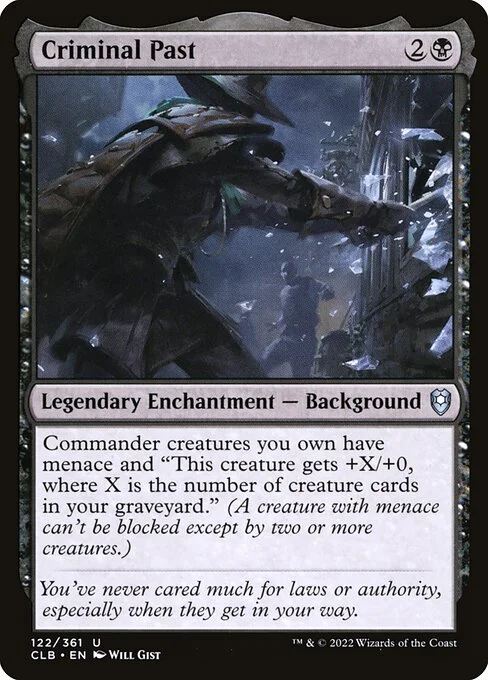 Criminal Past, carta Magic di tipo Legendary Enchantment — Background illustrata da Will Gist