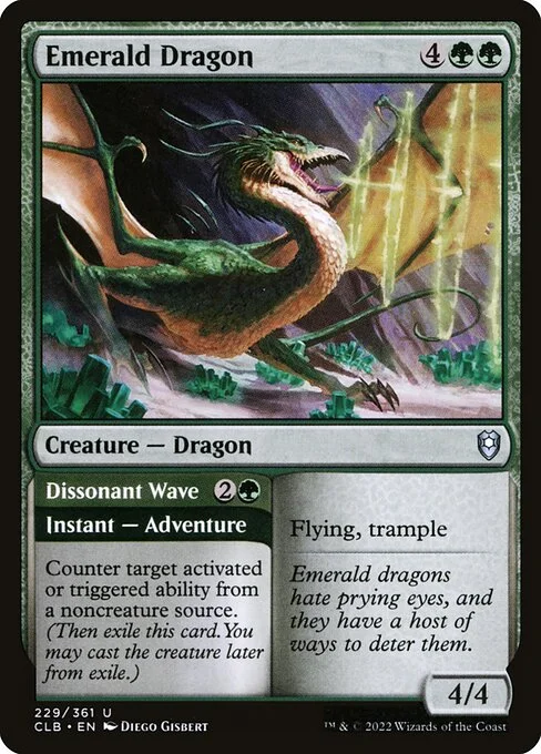 Emerald Dragon // Dissonant Wave, carta Magic di tipo Creature — Dragon // Instant — Adventure illustrata da Diego Gisbert
