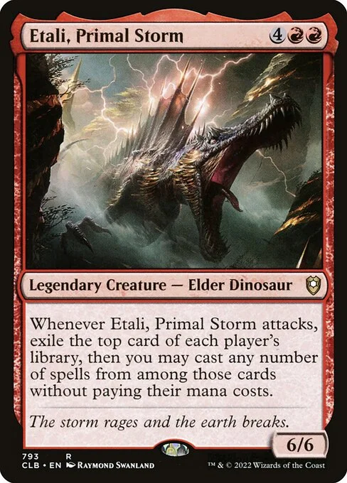 Etali, Primal Storm, carta Magic di tipo Legendary Creature — Elder Dinosaur illustrata da Raymond Swanland