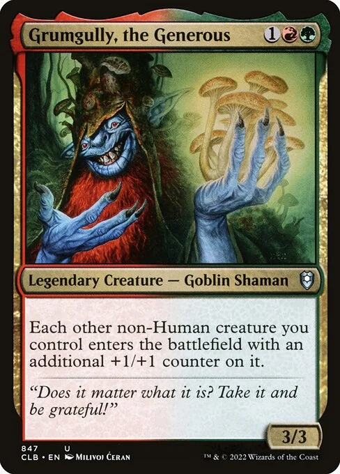 Grumgully, the Generous, carta Magic di tipo Legendary Creature — Goblin Shaman illustrata da Milivoj Ćeran