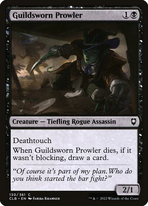 Guildsworn Prowler, carta Magic di tipo Creature — Tiefling Rogue Assassin illustrata da Fariba Khamseh