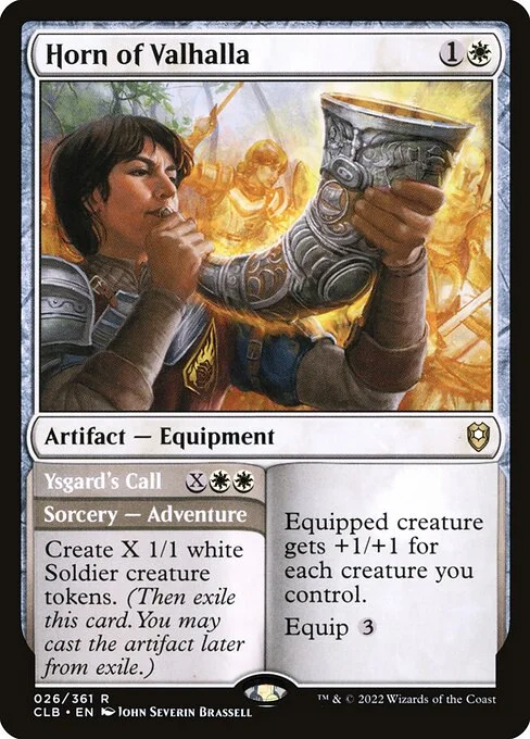 Horn of Valhalla // Ysgard's Call, carta Magic di tipo Artifact — Equipment // Sorcery — Adventure illustrata da John Severin Brassell