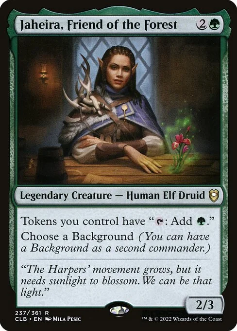 Jaheira, Friend of the Forest, carta Magic di tipo Legendary Creature — Human Elf Druid illustrata da Mila Pesic