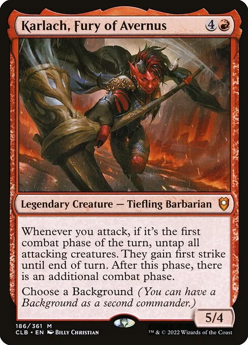Karlach, Fury of Avernus, carta Magic di tipo Legendary Creature — Tiefling Barbarian illustrata da Billy Christian