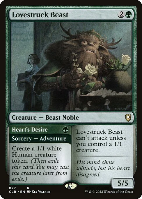 Lovestruck Beast // Heart's Desire, carta Magic di tipo Creature — Beast Noble // Sorcery — Adventure illustrata da Kev Walker