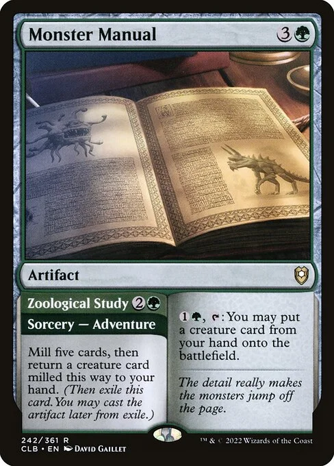 Monster Manual // Zoological Study, carta Magic di tipo Artifact — Book // Sorcery — Adventure illustrata da David Gaillet