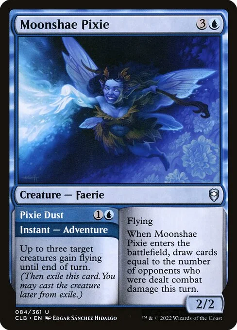 Moonshae Pixie // Pixie Dust, carta Magic di tipo Creature — Faerie // Instant — Adventure illustrata da Edgar Sánchez Hidalgo