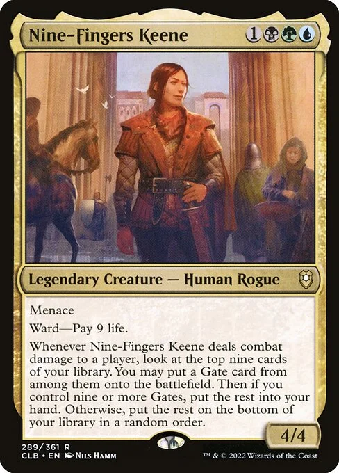 Nine-Fingers Keene, carta Magic di tipo Legendary Creature — Human Rogue illustrata da Nils Hamm